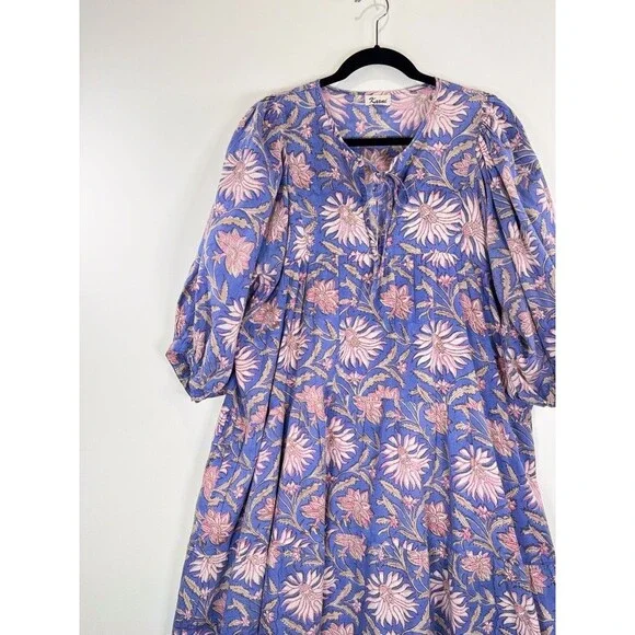 Karni Womens Dress Purple Mini Floral V Neck Puffed A Line Babydoll Boho Large - Picture 5 of 12